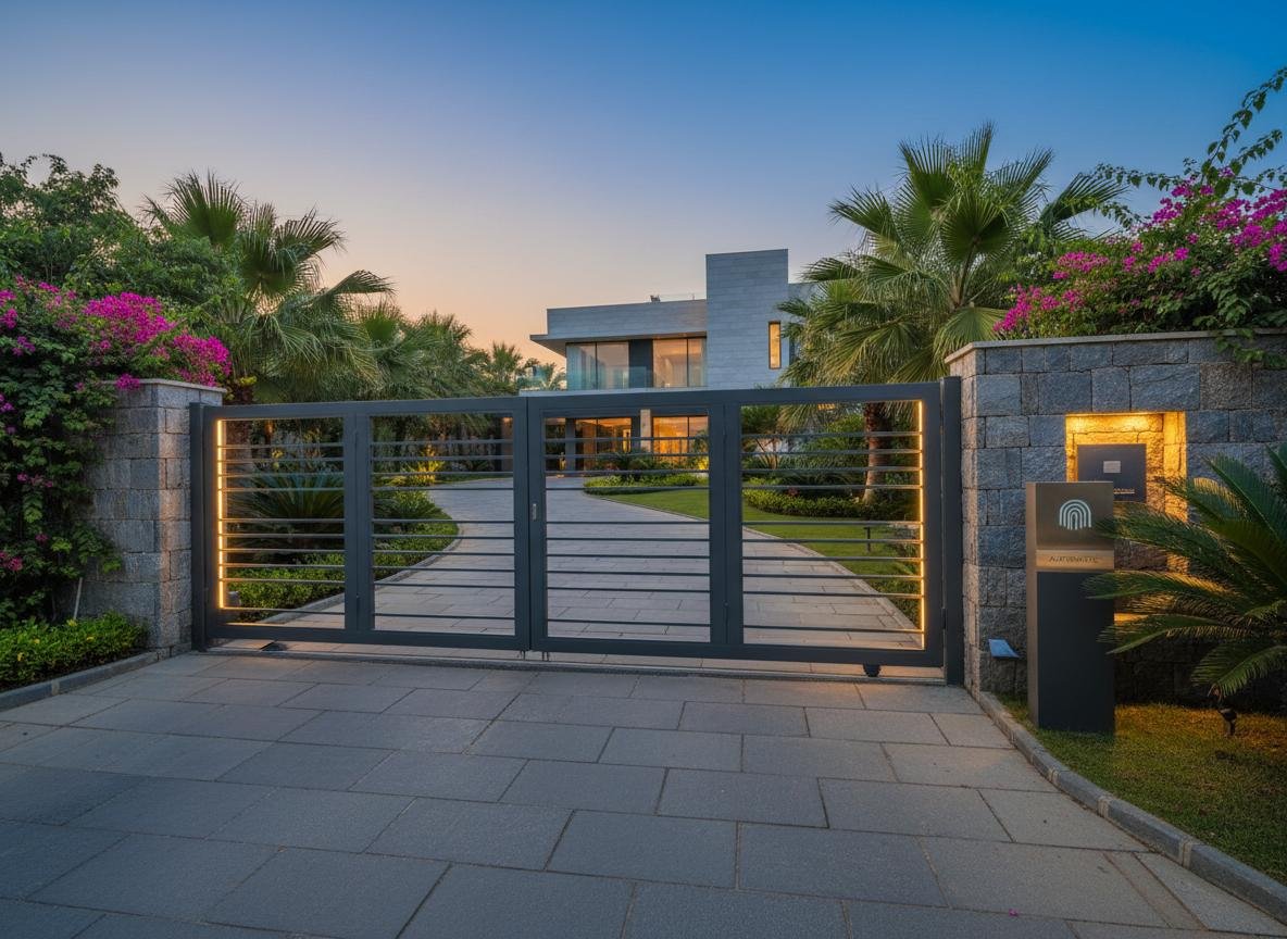 Modern aluminium entrance gate with glass panels
