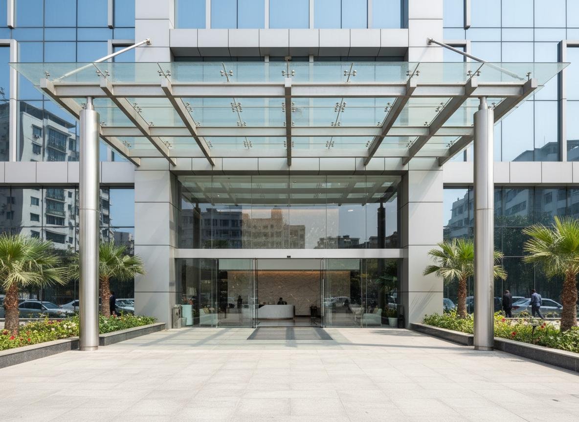 Hospital entrance with glass canopy